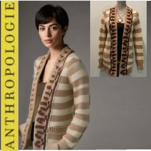 Anthropologie Cardigan with Stripes & Crochet Details Size Small Beige/Tan - Picture 1 of 14